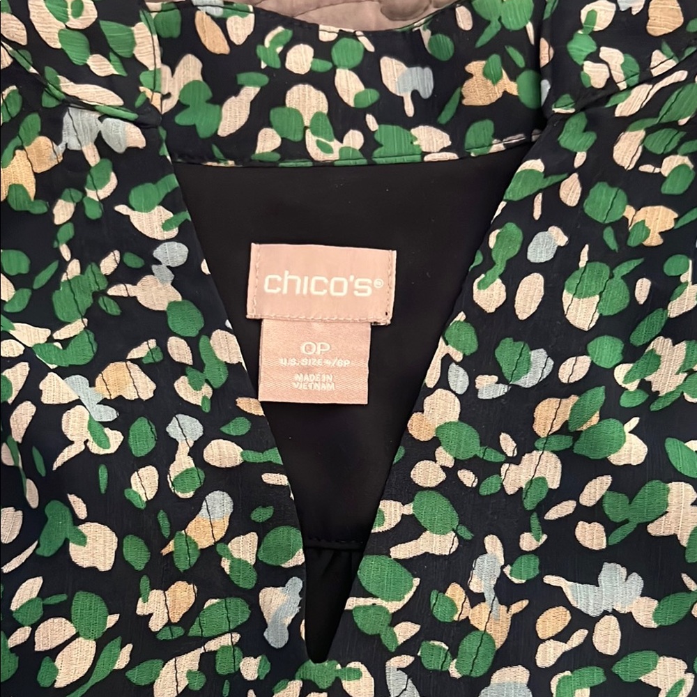 Chico’s Blue, Green, white and yellow mandarin collar top
